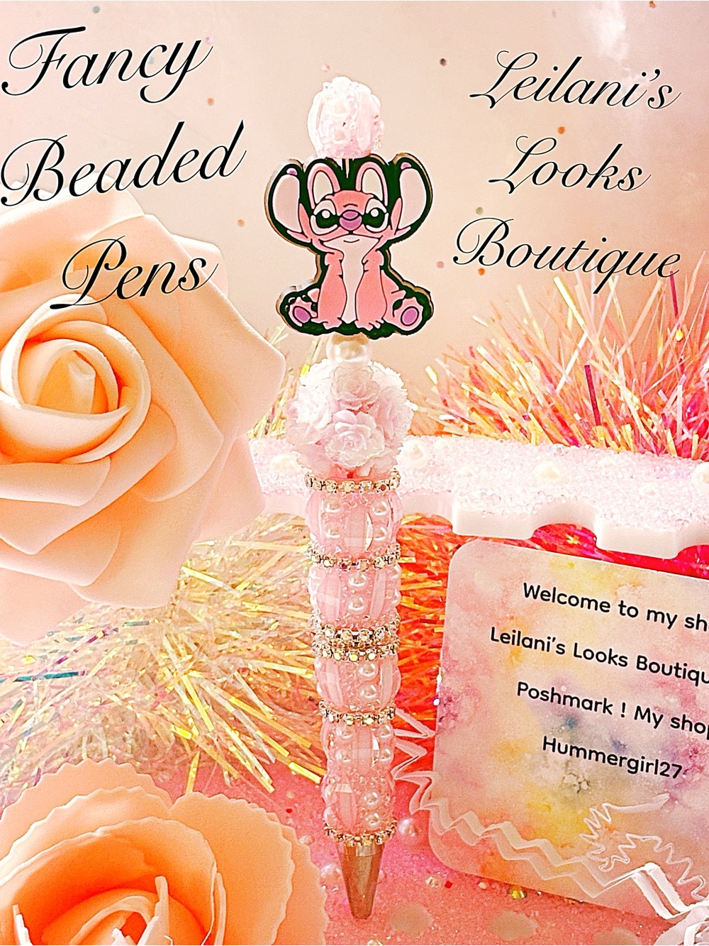 Fancy beaded pen/gifts/angel/pink flowers